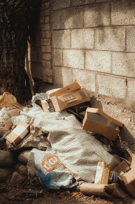 A pile of mixed waste, including flattened cardboard boxes, paper bags, and plastic packaging, is seen on the ground beside a stone and brick wall. The cardboard boxes vary in size, some with visible barcodes and printed labels, and are partially torn or crumpled. A white fabric sack or bag is also present among the rubbish, with some smaller items such as paper or plastic wrappers around it. The waste appears to be discarded on a dirt surface, with a large tree trunk partially visible to the left and rocks scattered at the base. The background features a textured, weathered stone wall with some brickwork visible near the corner, indicating an exterior environment. The scene suggests an informal or alternative waste disposal area, which rubbish removal services like Rubbish Removal Highbury may address through on-site clearance or independent collection methods, ensuring proper disposal of household or commercial rubbish.